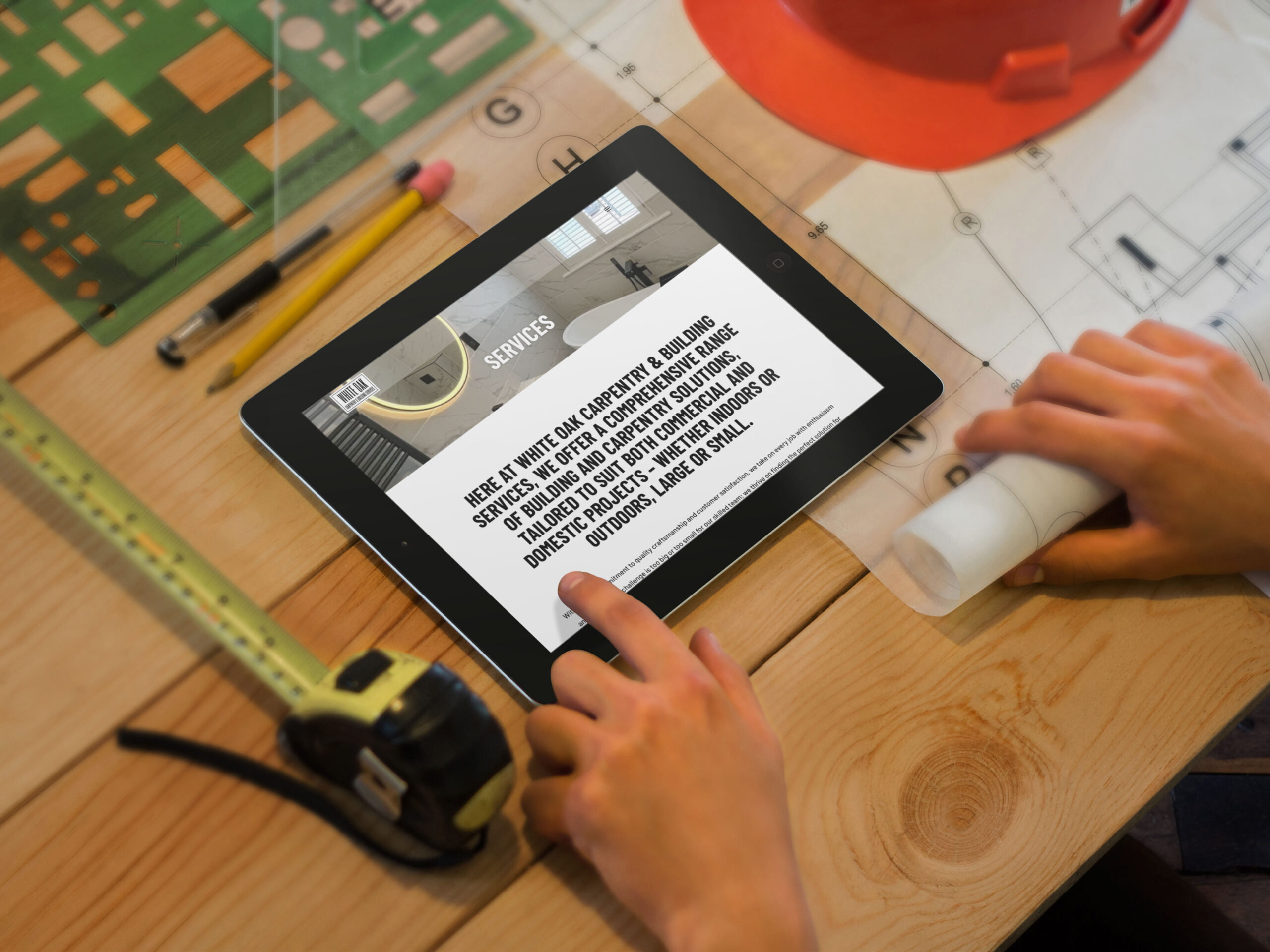 white oak carpentry building website on tablet device